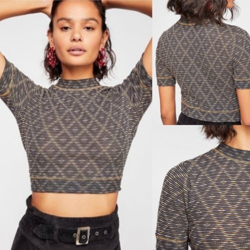 Free People Intimately All Yours Blue & Gold Printed Knit Crop Short Sleeve S